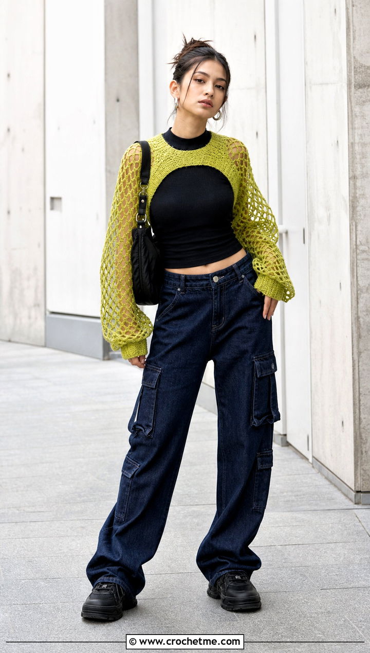 Mesh Sleeve Crochet Sweater With Cargo Jeans - 25 Mini Crochet Sweater outfit ideas