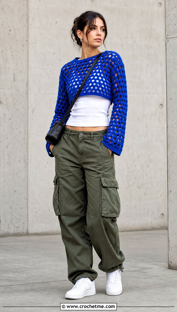 Mesh Sleeve Crochet Top With Cargo Pants - 35 crochet top sleeves outfit ideas