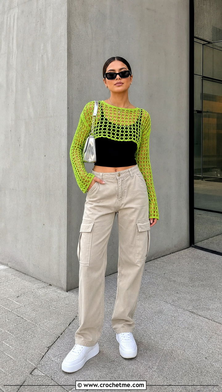 Mesh Sleeve Crochet Top With Cargo Pants - 35 crochet sleeve top outfit ideas