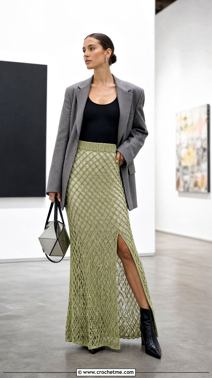 Mesh Slit Crochet Long Skirt With Oversized Blazer - 35 crochet long skirt outfit ideas