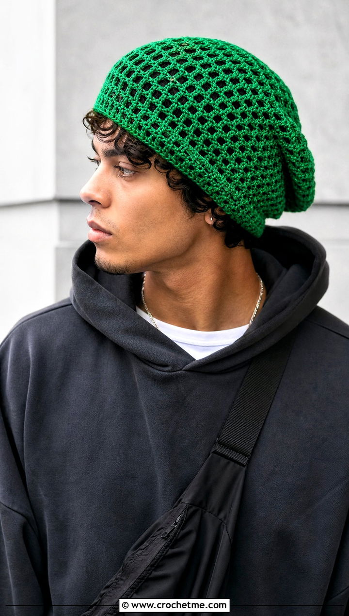 Mesh Slouch Crochet Beanie With Oversized Hoodie - 20 Mens Slouch Crochet Beanie outfit ideas