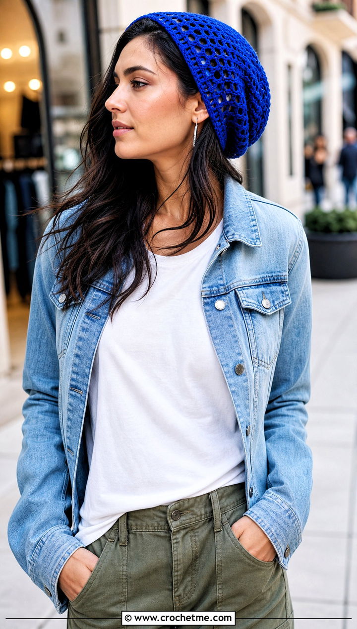 Mesh Slouch Crochet Hat With Denim Jacket - 30 slouch crochet hat outfit ideas