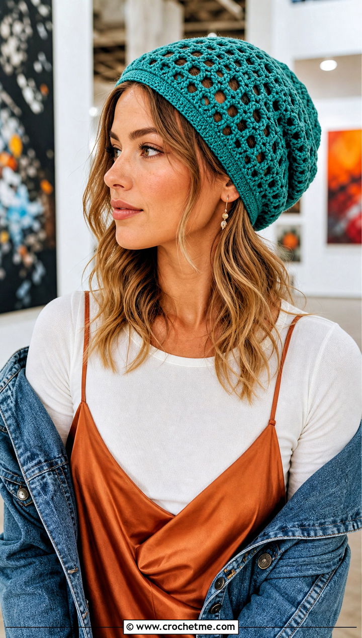 Mesh Slouchy Crochet Beanie With Slip Dress - 25 Easy Slouchy Crochet Beanie outfit ideas