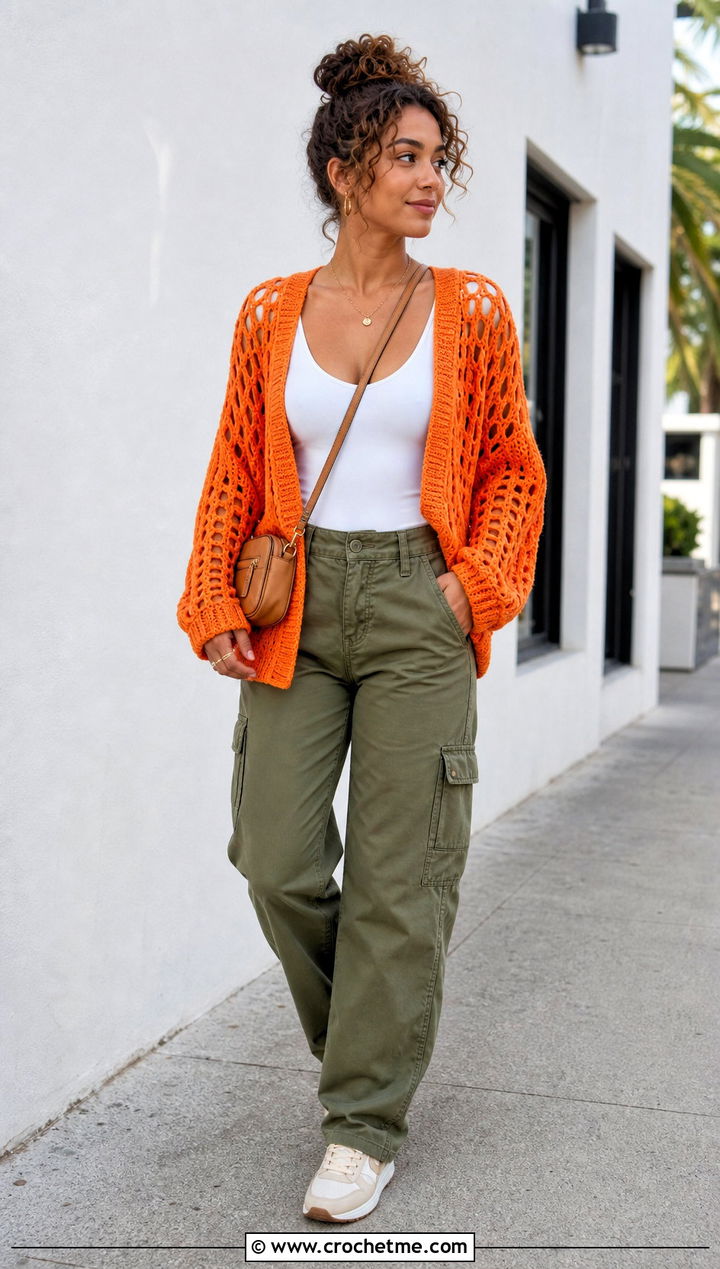 Mesh Slouchy Crochet Cardigan With Cargo Pants - 25 Slouchy Crochet Cardigan outfit ideas