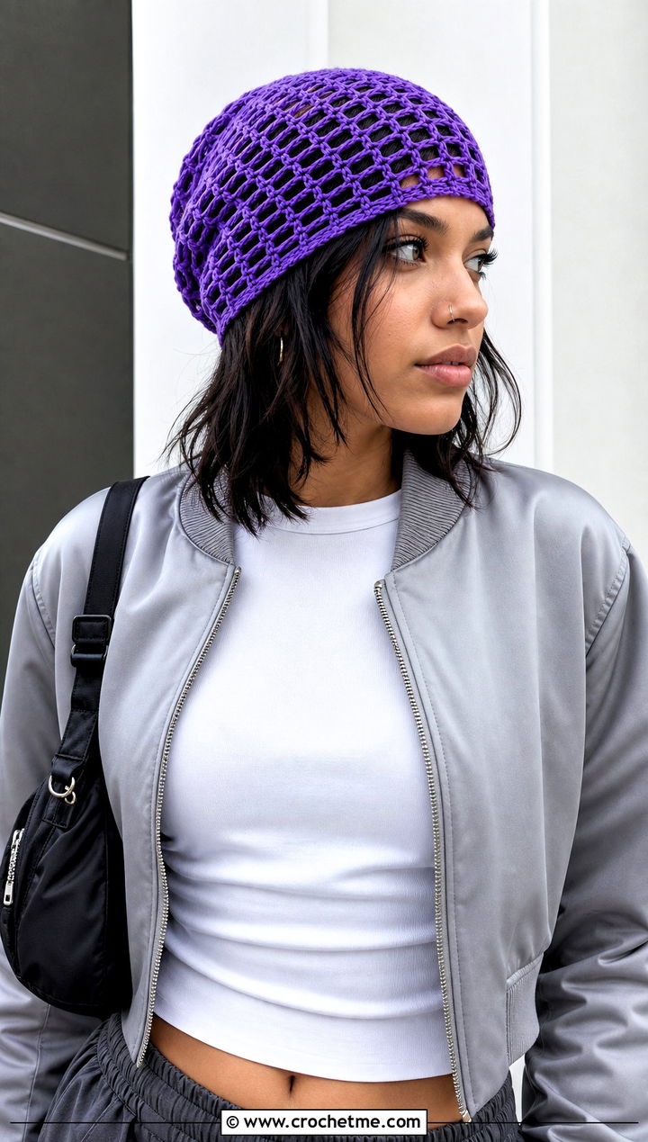 Mesh Slouchy Crochet Hat With Cargo Pants - 15 Slouchy Crochet Hat outfit ideas