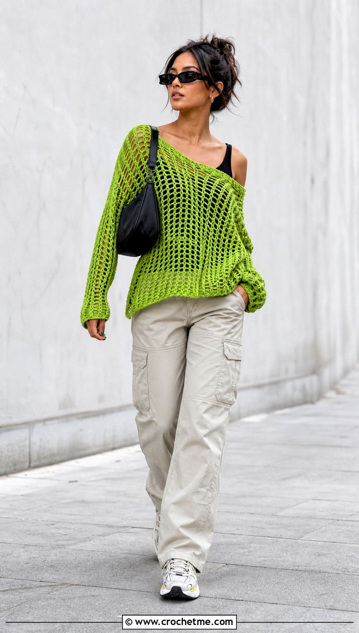 Mesh Slouchy Crochet Sweater With Cargo Pants - 25 slouchy crochet sweater outfit ideas