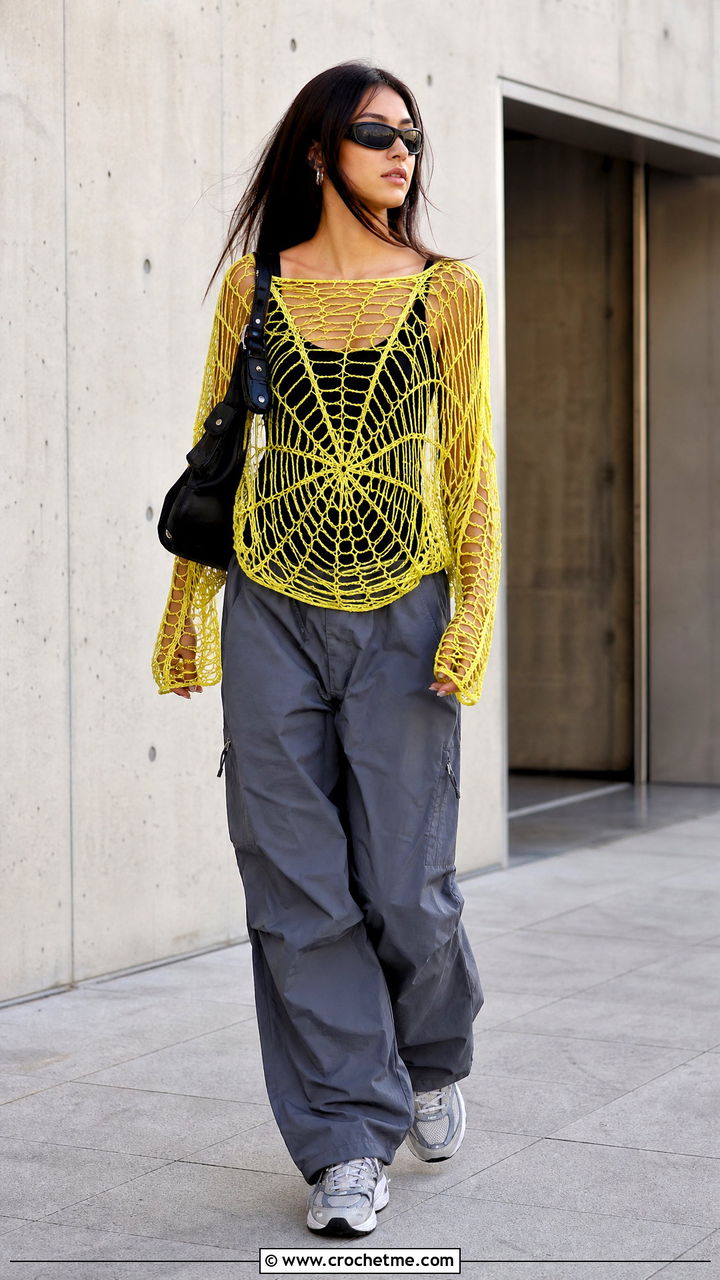 Mesh Spiderweb Crochet Top With Parachute Pants - 35 spiderweb crochet top outfit ideas