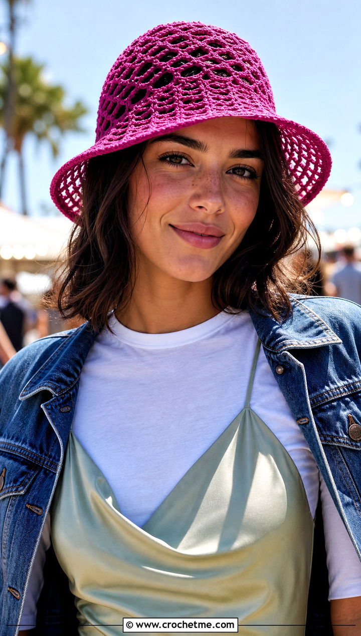 Mesh Spiral Crochet Bucket Hat With Slip Dress - 25 Spiral Crochet Hat outfit ideas