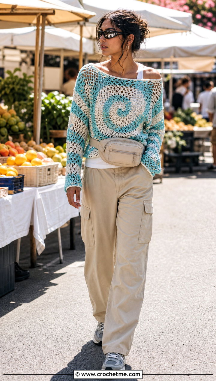 Mesh Spiral Crochet Sweater With Cargo Pants - 35 spiral crochet sweater outfit ideas