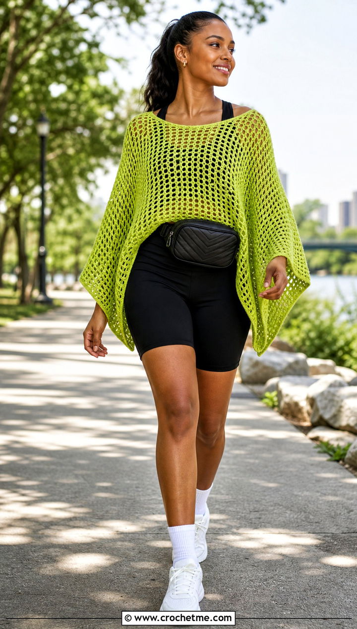 Mesh Square Poncho With Bike Shorts - 30 crochet square poncho outfit ideas