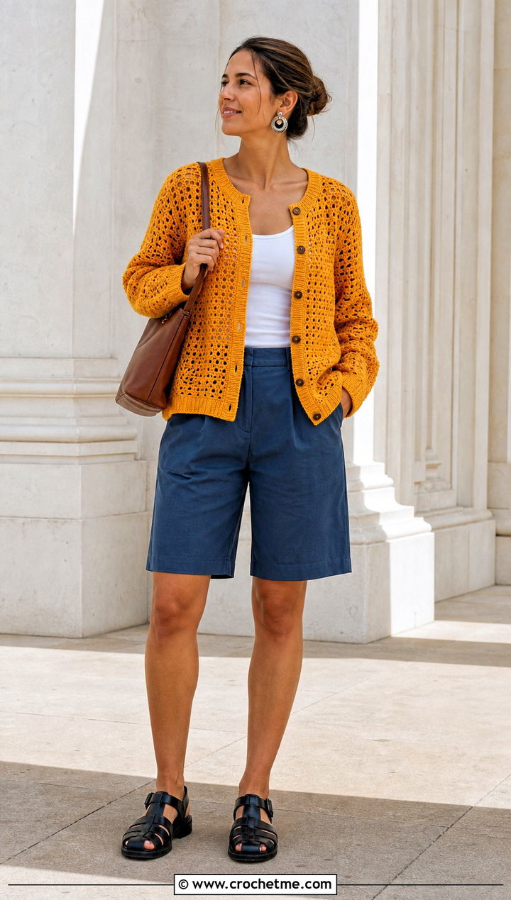 Mesh Stitch Button Cardigan With Bermuda Shorts - 25 Crochet Button Cardigan outfit ideas