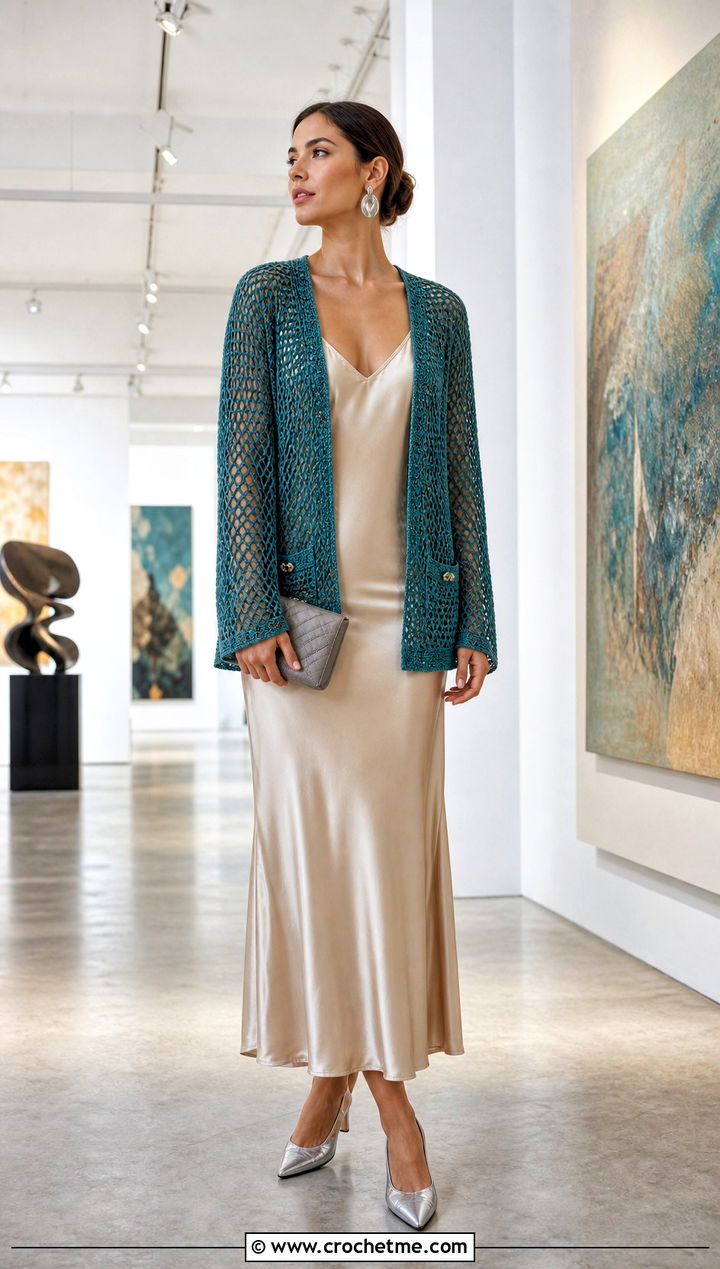 Mesh Stitch Chanel Crochet Cardigan With Satin Slip Dress - 20 Chanel Crochet Cardigan outfit ideas