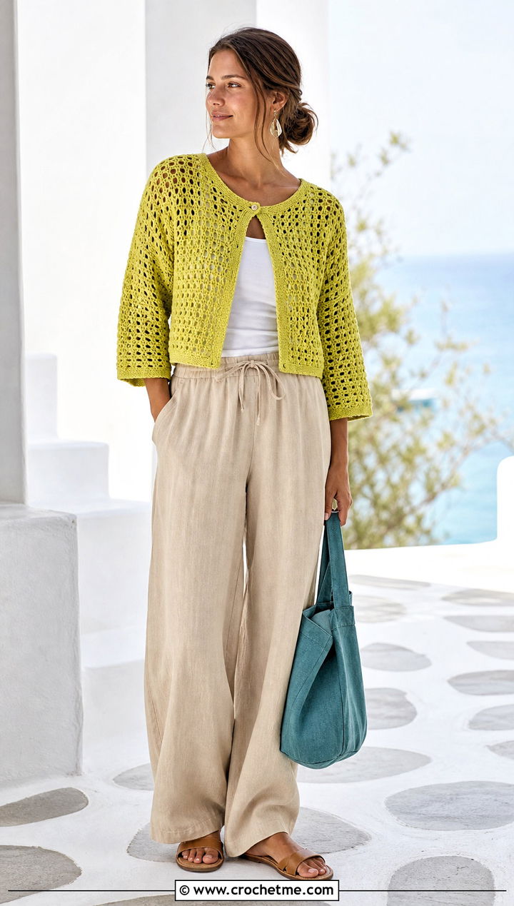 Mesh Stitch Chunky Crochet Crop Cardigan With Linen Pants - 25 Chunky Crochet Crop Cardigan outfit ideas