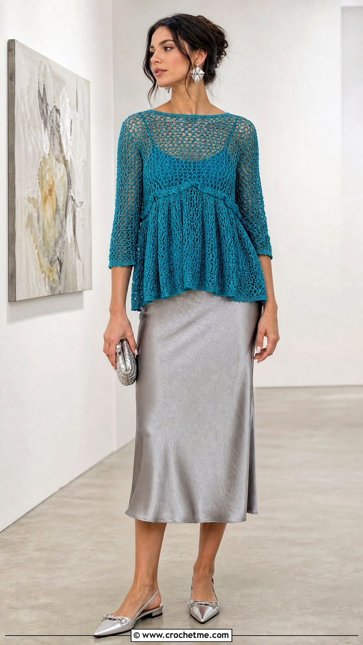 Mesh Stitch Crochet Babydoll Top With Satin Slip Skirt - 35 crochet babydoll top outfit ideas