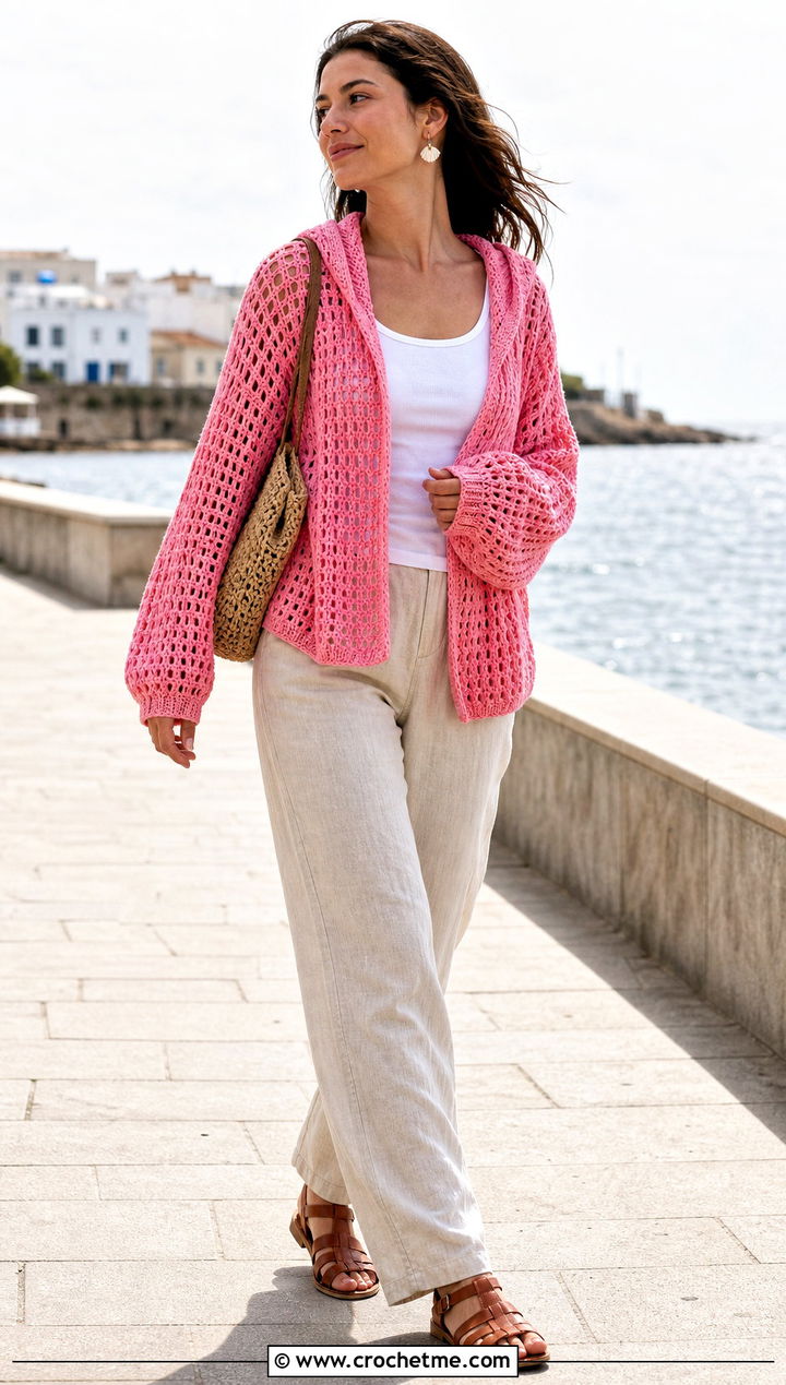 Mesh Stitch Crochet Blanket Hoodie With Linen Pants - 30 crochet blanket hoodie outfit ideas