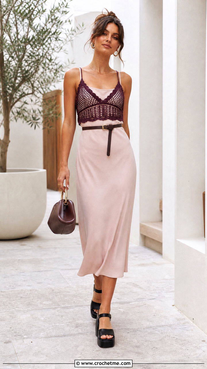Mesh Stitch Crochet Bra Top Over A Slip Dress - 35 crochet bra top outfit ideas