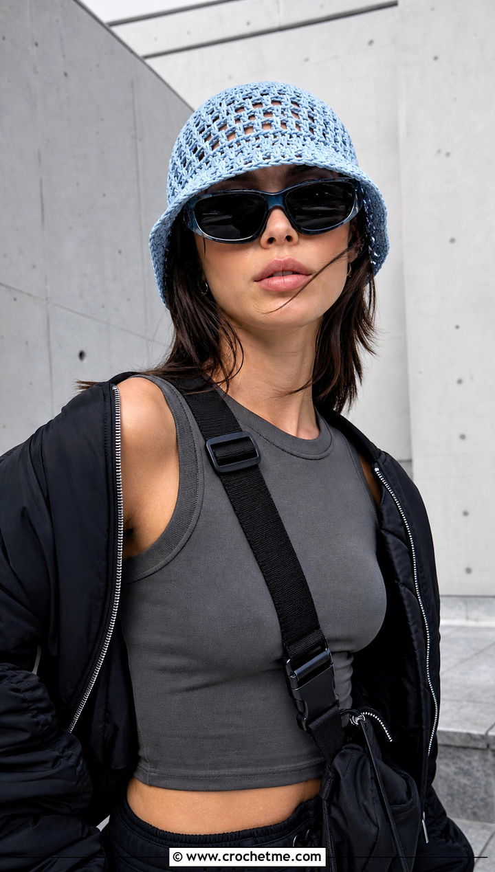Mesh Stitch Crochet Bucket Hat With Cargo Pants - 25 Crochet Cute Bucket Hat outfit ideas