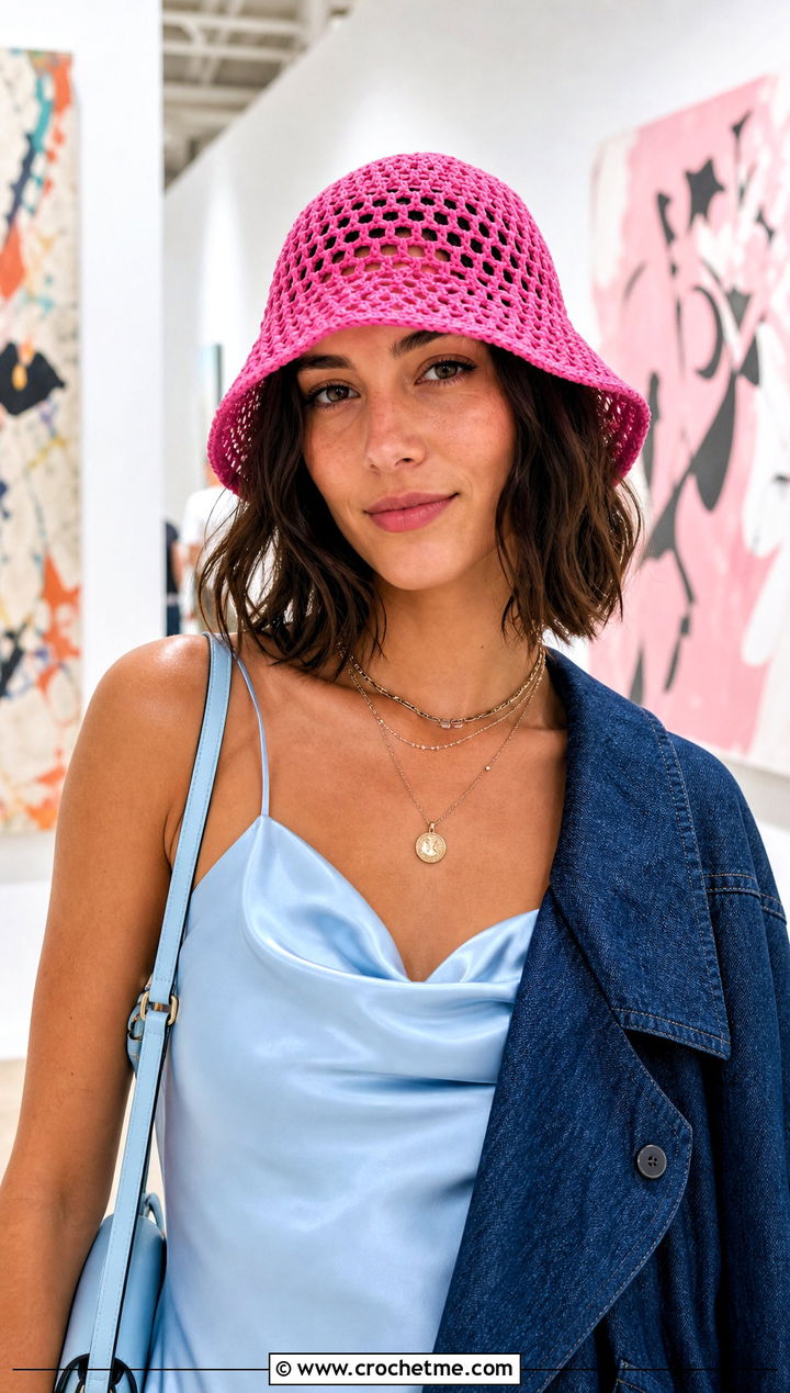 Mesh Stitch Crochet Bucket Hat With Satin Cami And Wide Leg Jeans - 30 summer crochet bucket hat outfit ideas