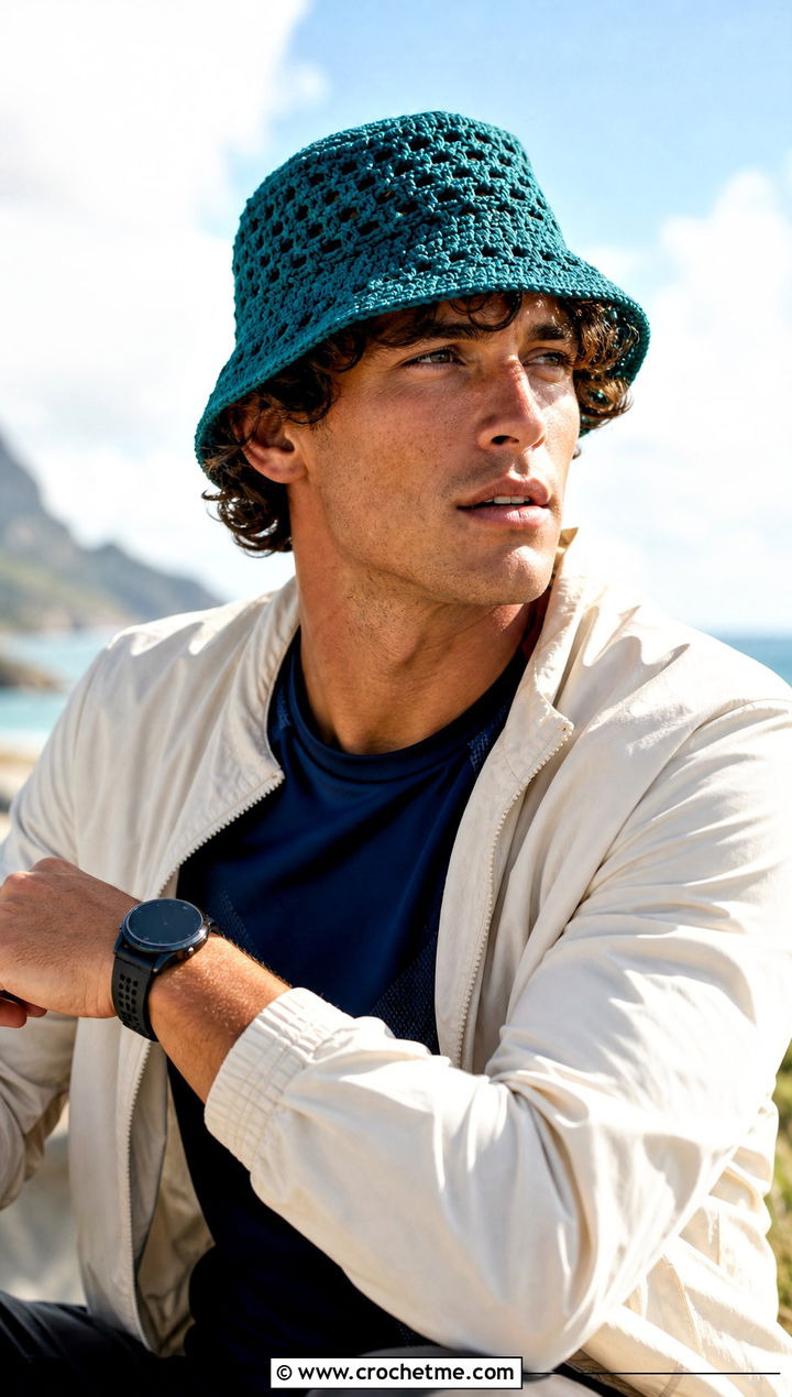 Mesh Stitch Crochet Bucket Hat With Track Jacket And Shorts - 15 men's crochet bucket hat outfit ideas