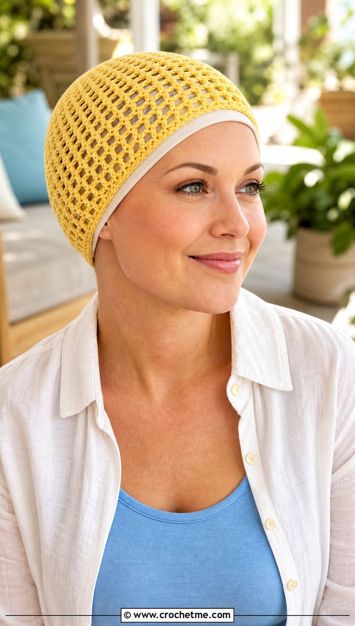 Mesh Stitch Crochet Chemo Cap With Linen Shirt And Shorts - 20 Crochet Summer Chemo Caps outfit ideas