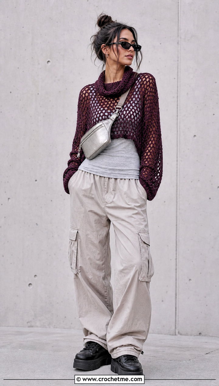 Mesh Stitch Crochet Cowl Neck Sweater With Cargo Pants - 25 Crochet Cowl Neck Sweater outfit ideas