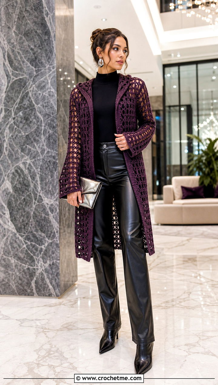 Mesh Stitch Crochet Hoodie Cardigan With Leather Pants - 30 crochet hoodie cardigan outfit ideas