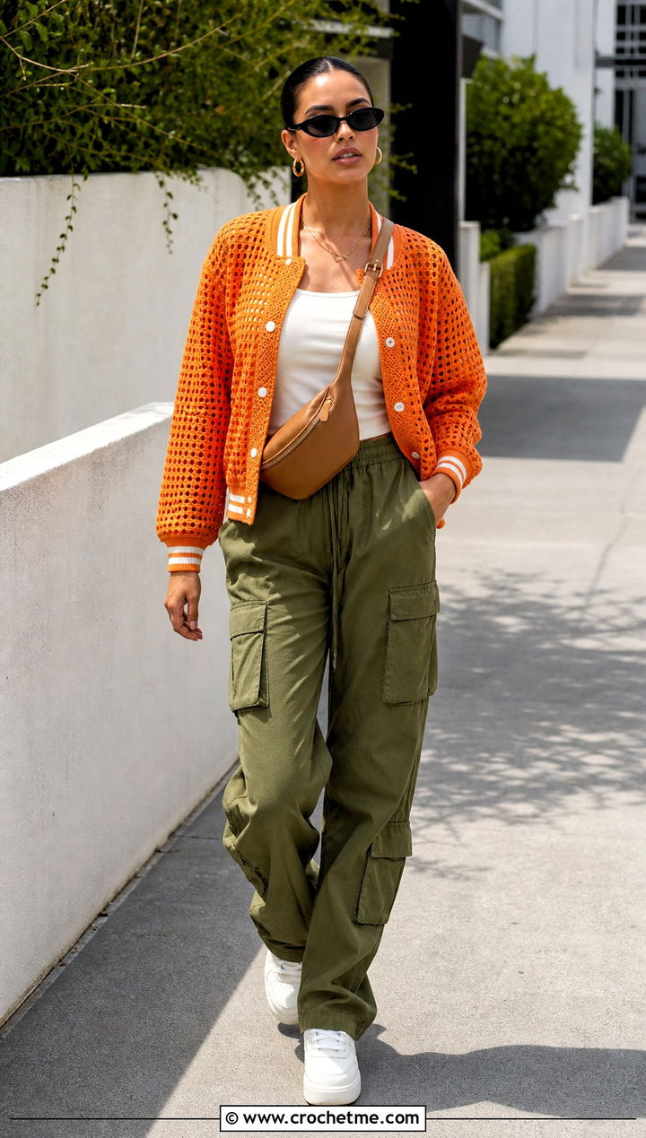 Mesh Stitch Crochet Letterman Jacket With Cargo Pants - 30 crochet letterman jacket outfit ideas