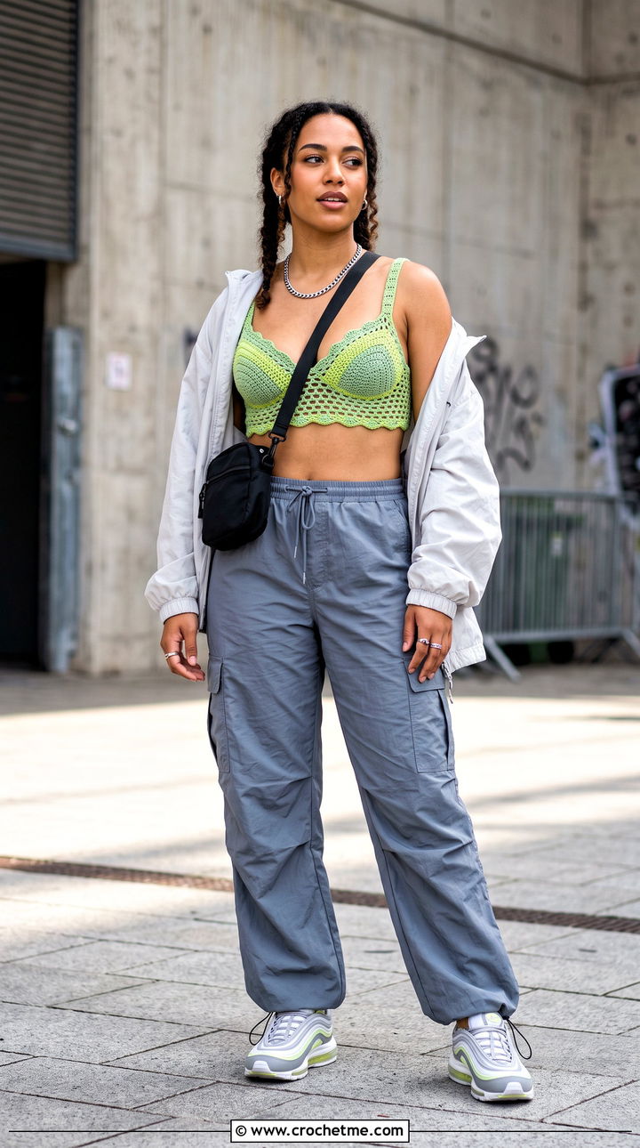 Mesh Stitch Crochet Push Up Bra With Parachute Pants - 30 crochet push up bra outfit ideas