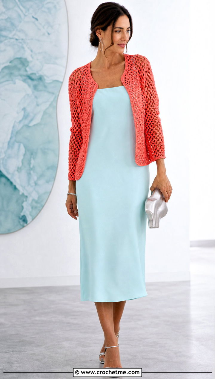 Mesh Stitch Crochet Raglan Jacket Over A Column Dress - 15 crochet raglan jacket outfit ideas