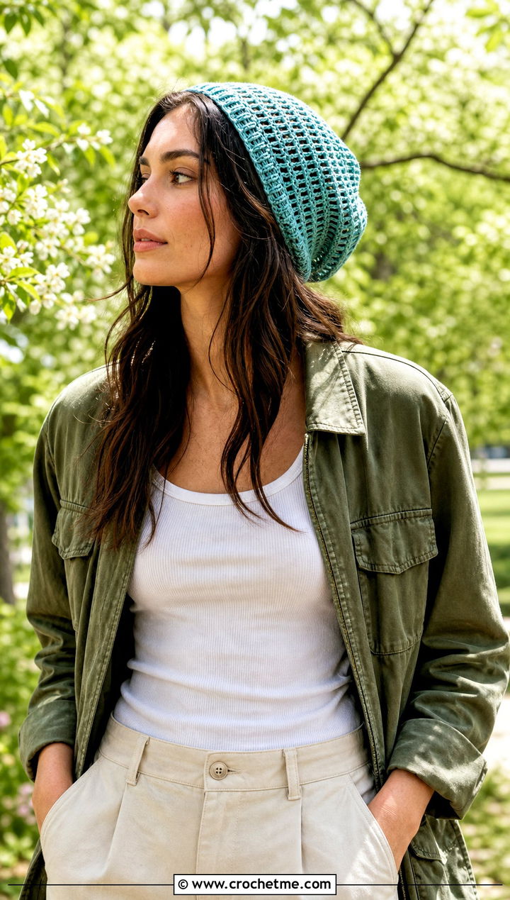 Mesh Stitch Crochet Rectangle Beanie With Utility Jacket And Chinos - 25 Crochet Rectangle Beanie outfit ideas