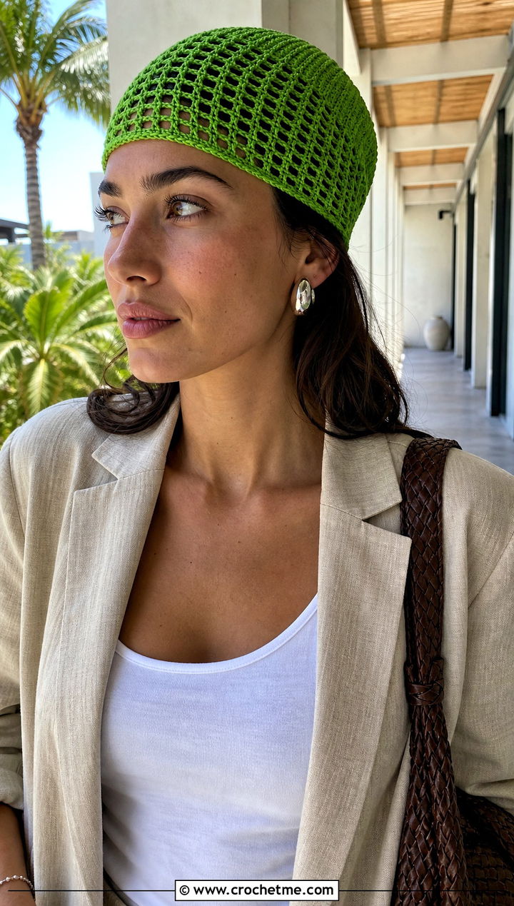 Mesh Stitch Crochet Stocking Hat With Linen Suit - 25 easy crochet stocking hat outfit ideas
