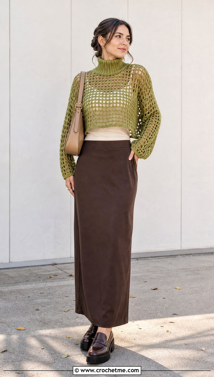 Mesh Stitch Crochet Turtle Neck Sweater With Maxi Skirt - 35 crochet turtle neck sweater outfit ideas