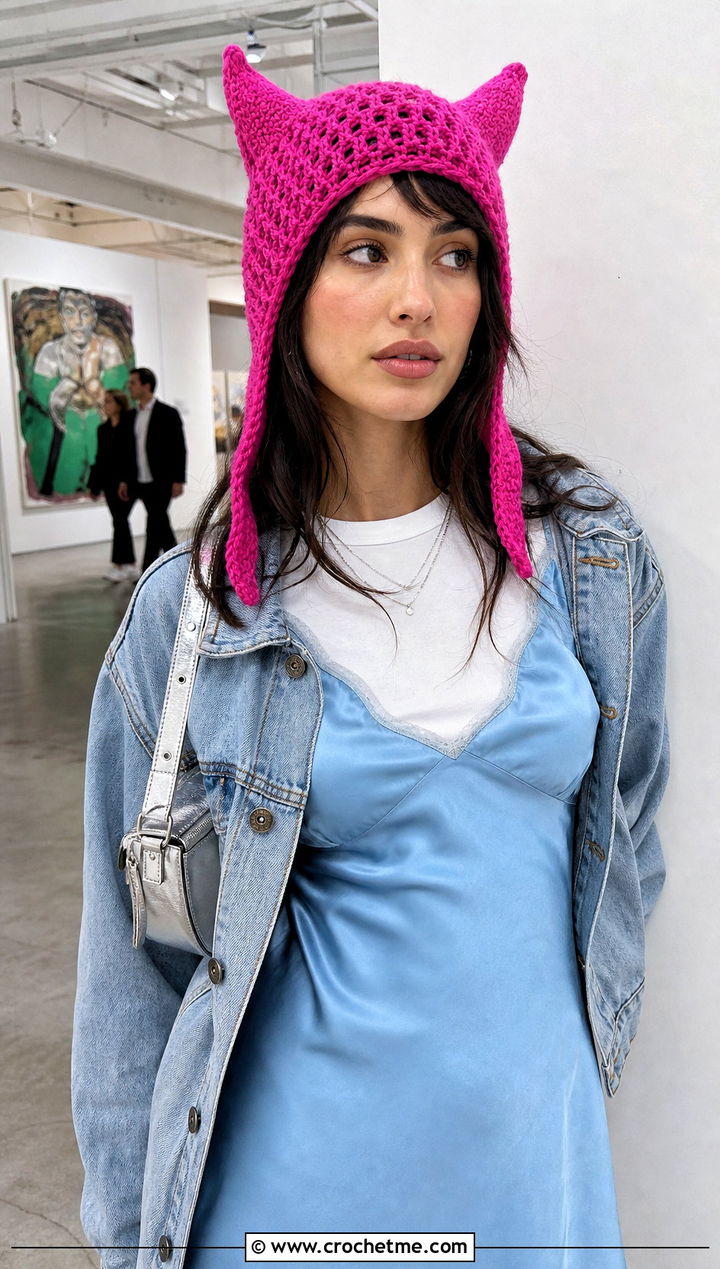 Mesh Stitch Finn Hat With Satin Slip Dress - 30 crochet adventure time finn hat outfit ideas