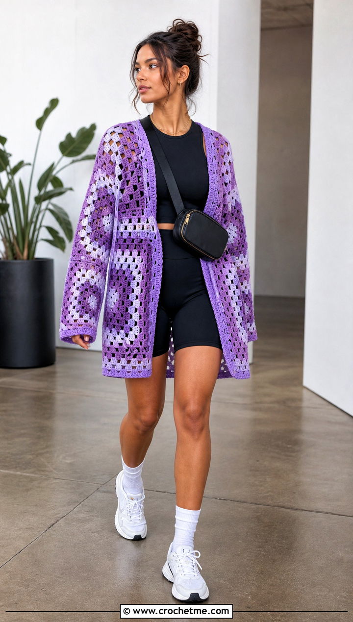 Mesh Stitch Giant Granny Square Cardigan With Bike Shorts - 35 giant granny square cardigan outfit ideas