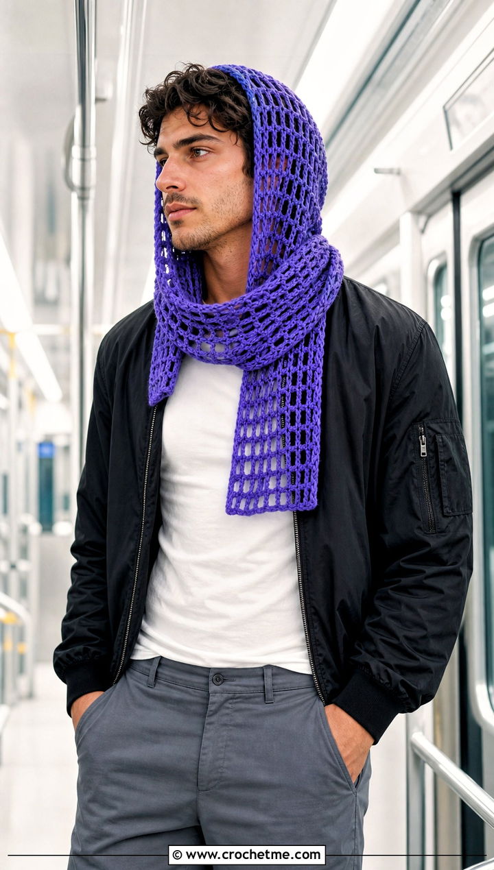 Mesh Stitch Hooded Scarf With Bomber Jacket - 20 Crochet Hooded Scarf For Men outfit ideas