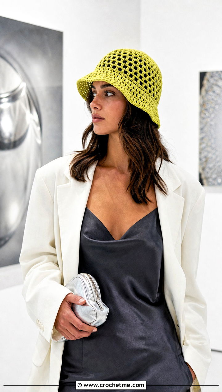 Mesh Stitch Lemon Crochet Bucket Hat With Slip Dress - 25 Lemon Crochet Bucket Hat outfit ideas