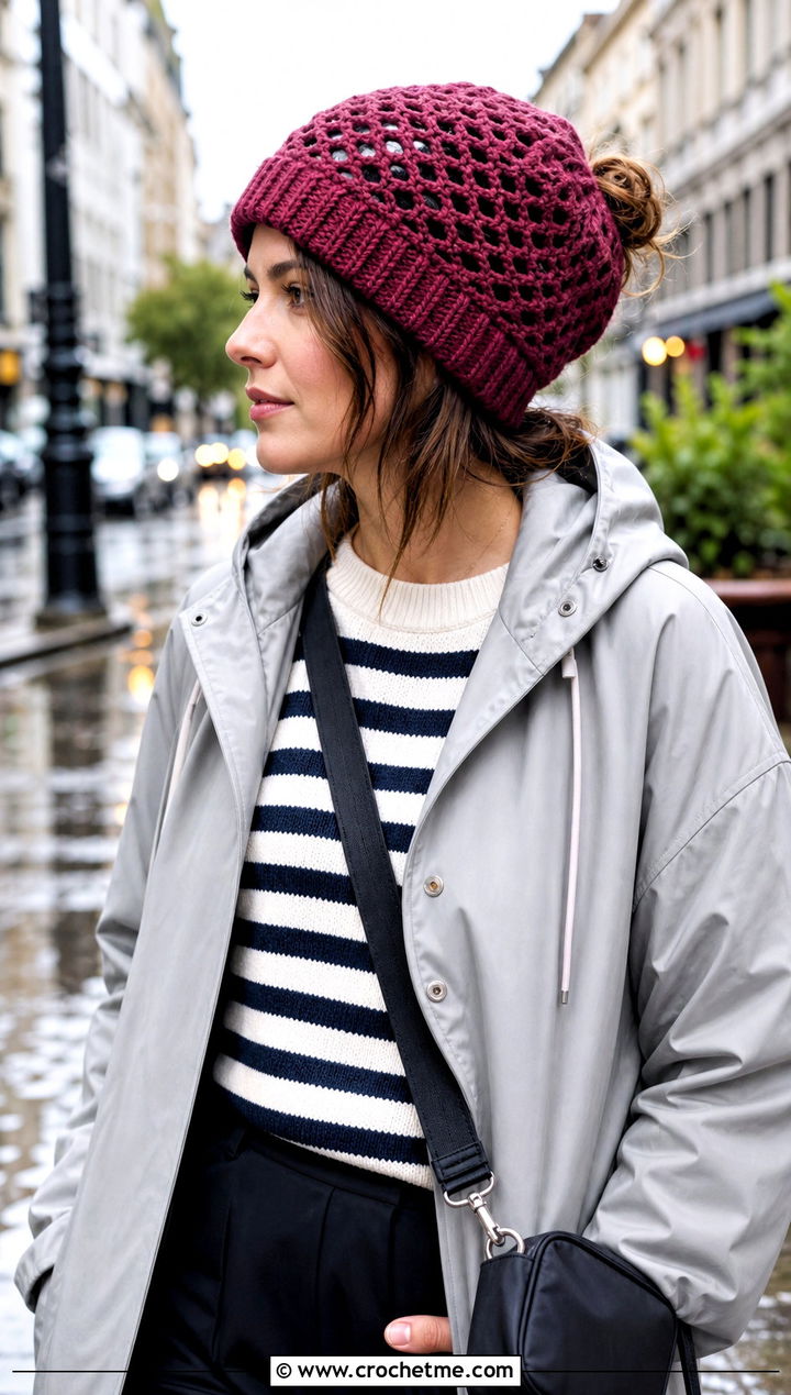 Mesh Stitch Messy Bun Crochet Hat With Raincoat - 25 Easy Messy Bun Crochet Hat outfit ideas