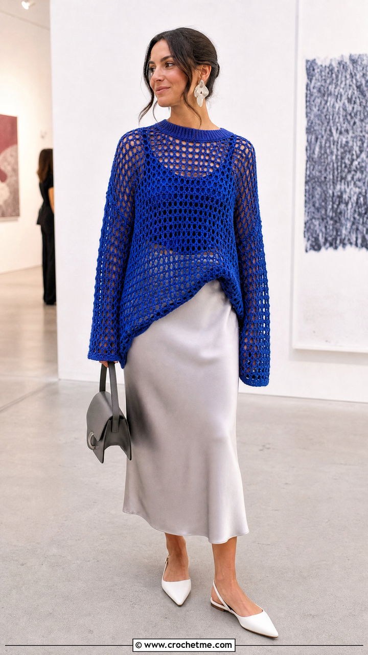 Mesh Stitch Oversized Crochet Sweater With Satin Midi Skirt - 35 oversized crochet sweater outfit ideas