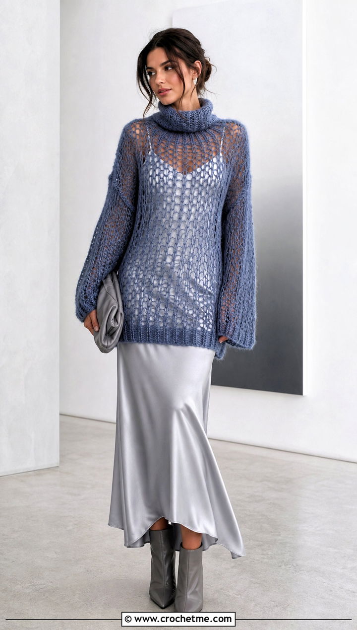 Mesh Stitch Oversized Turtleneck Crochet Sweater With Satin Slip Dress - 15 oversized turtleneck crochet sweater outfit ideas
