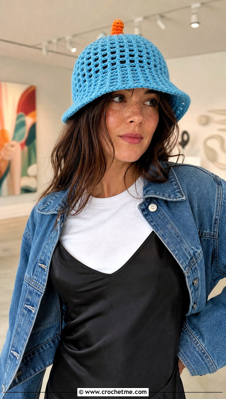 Mesh Stitch Pumpkin Bucket Hat With Slip Dress - 30 crochet pumpkin bucket hat outfit ideas