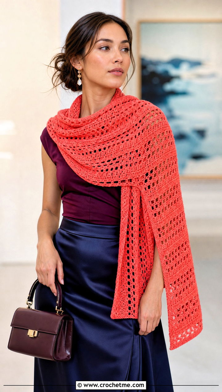 Mesh Stitch Sampler Scarf With Satin Midi Skirt - 20 Crochet Stitch Sampler Scarf outfit ideas