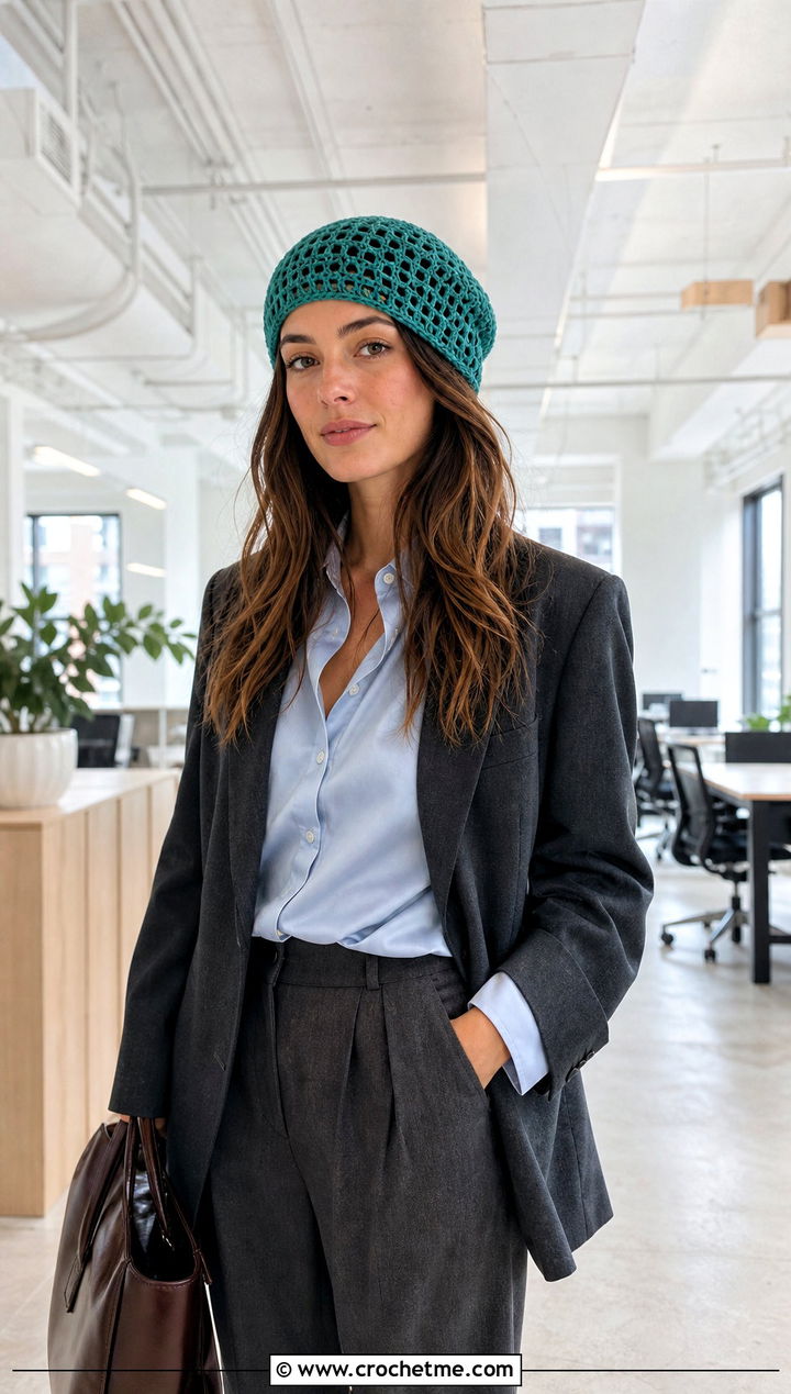 Mesh Stitch Slightly Slouchy Crochet Hat With Tailored Trousers - 15 Slightly Slouchy Crochet Hat outfit ideas