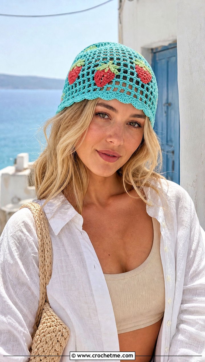 Mesh Strawberry Beanie With Linen Shirt And Shorts - 30 Crochet Strawberry Beanie outfit ideas