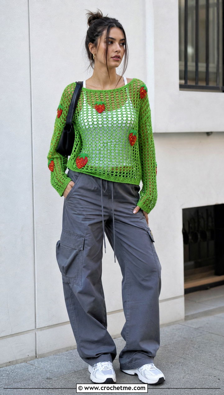 Mesh Strawberry Crochet Sweater With Cargo Pants - 15 Strawberry Crochet Sweater outfit ideas