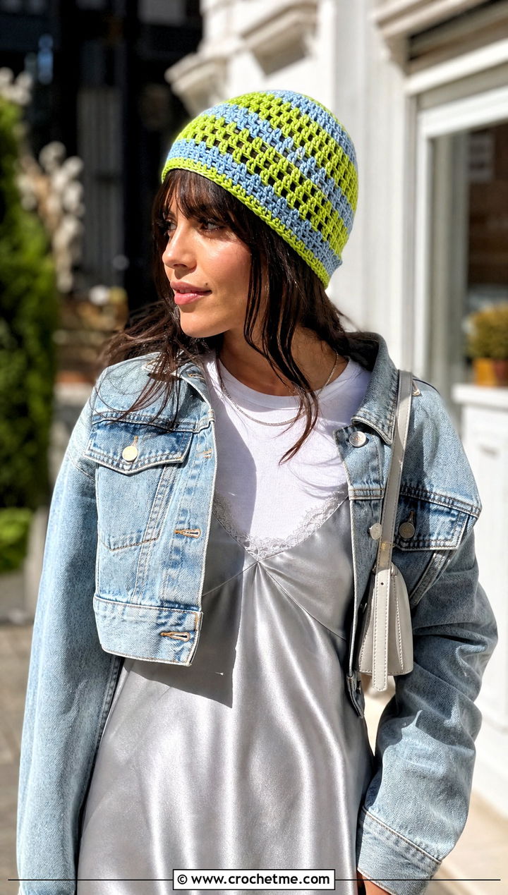 Mesh Stripe Crochet Beanie With Slip Dress - 25 striped crochet beanie outfit ideas