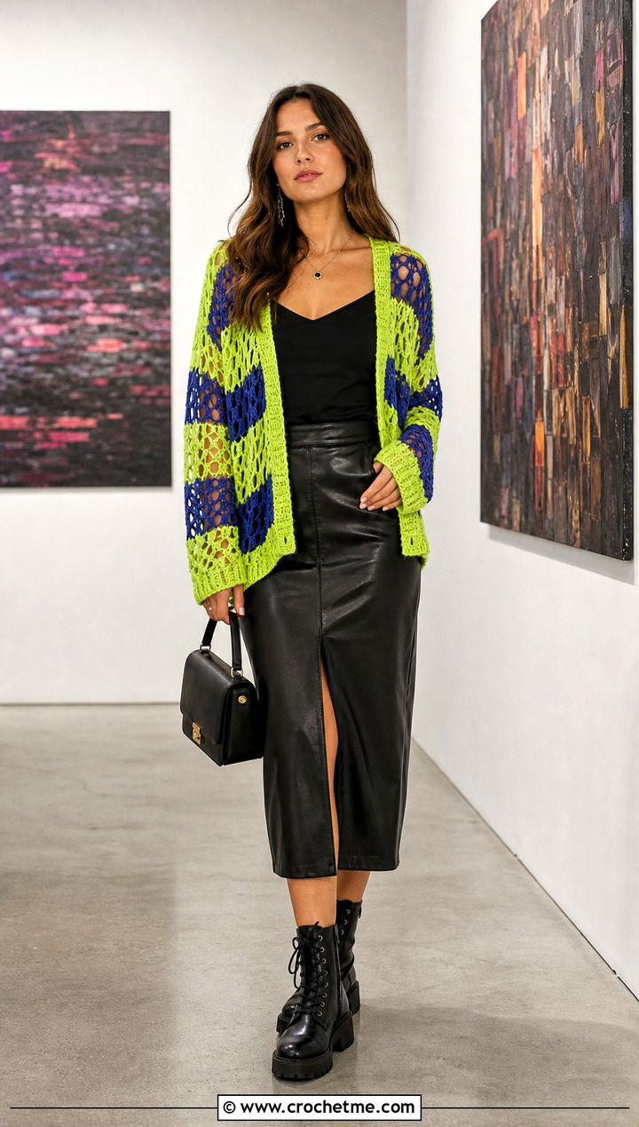 Mesh Stripe Crochet Cardigan With Faux Leather Midi Skirt - 35 crochet striped cardigan outfit ideas