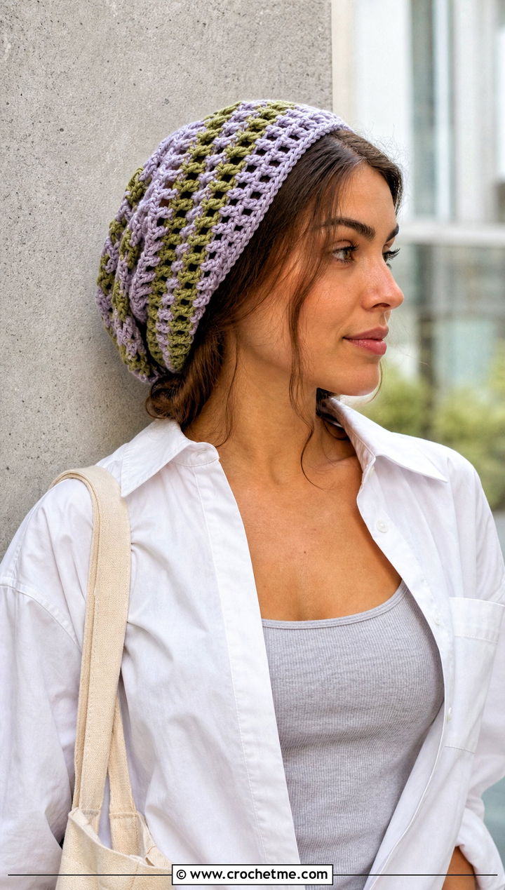 Mesh Stripe Slouchy Crochet Beanie With Oversized Shirt And Leggings - 15 Striped Slouchy Crochet Beanie outfit ideas