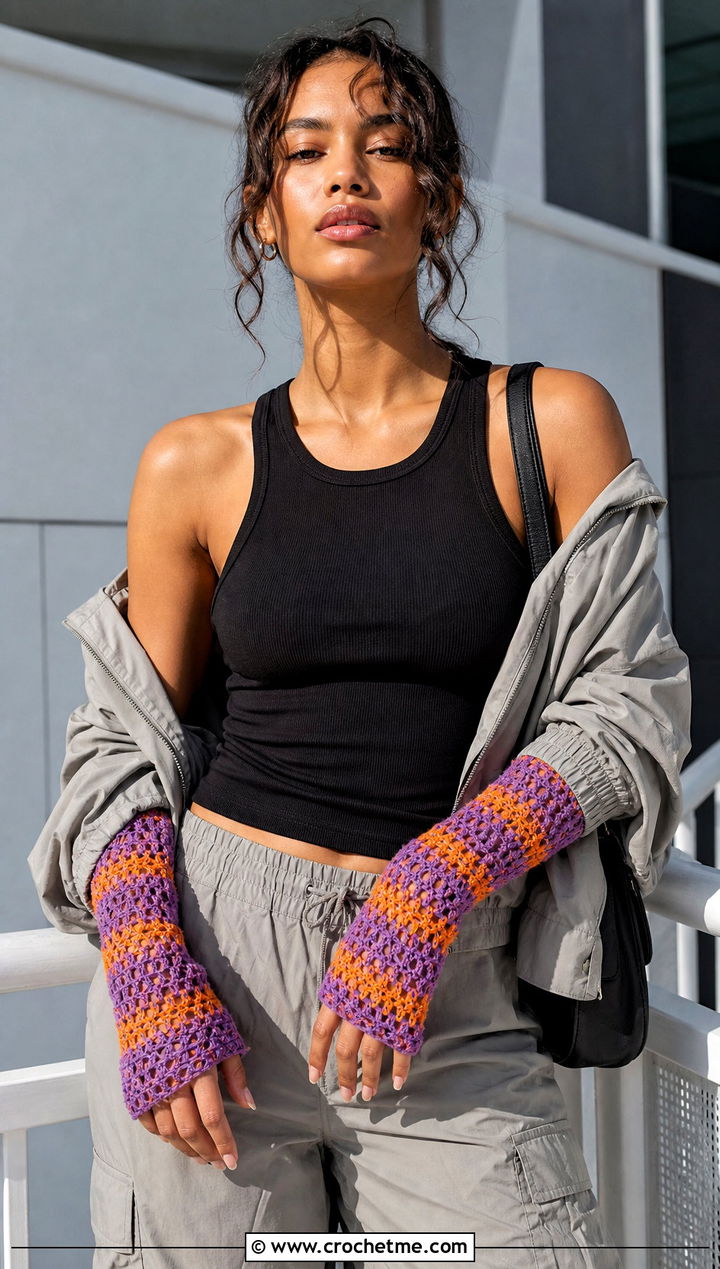 Mesh Striped Crochet Arm Warmers With Cargo Pants - 15 Striped Crochet Arm Warmers outfit ideas