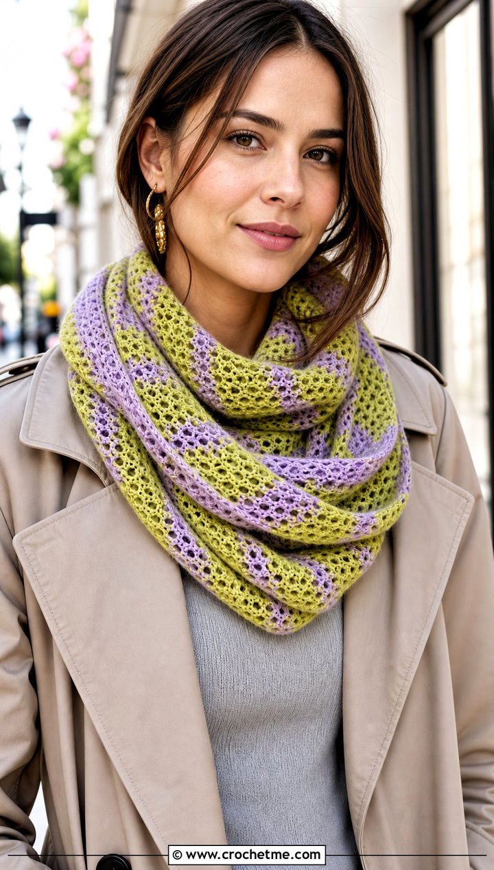 Mesh Striped Crochet Infinity Scarf With Trench Coat And Loafers - 15 Striped Crochet Infinity Scarf outfit ideas