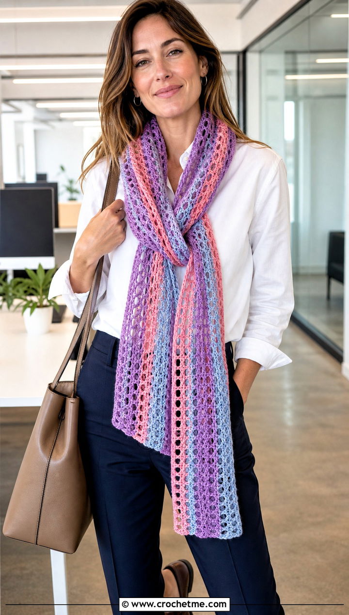 Mesh Striped Crochet Scarf With Button Down Shirt - 30 striped crochet scarf outfit ideas